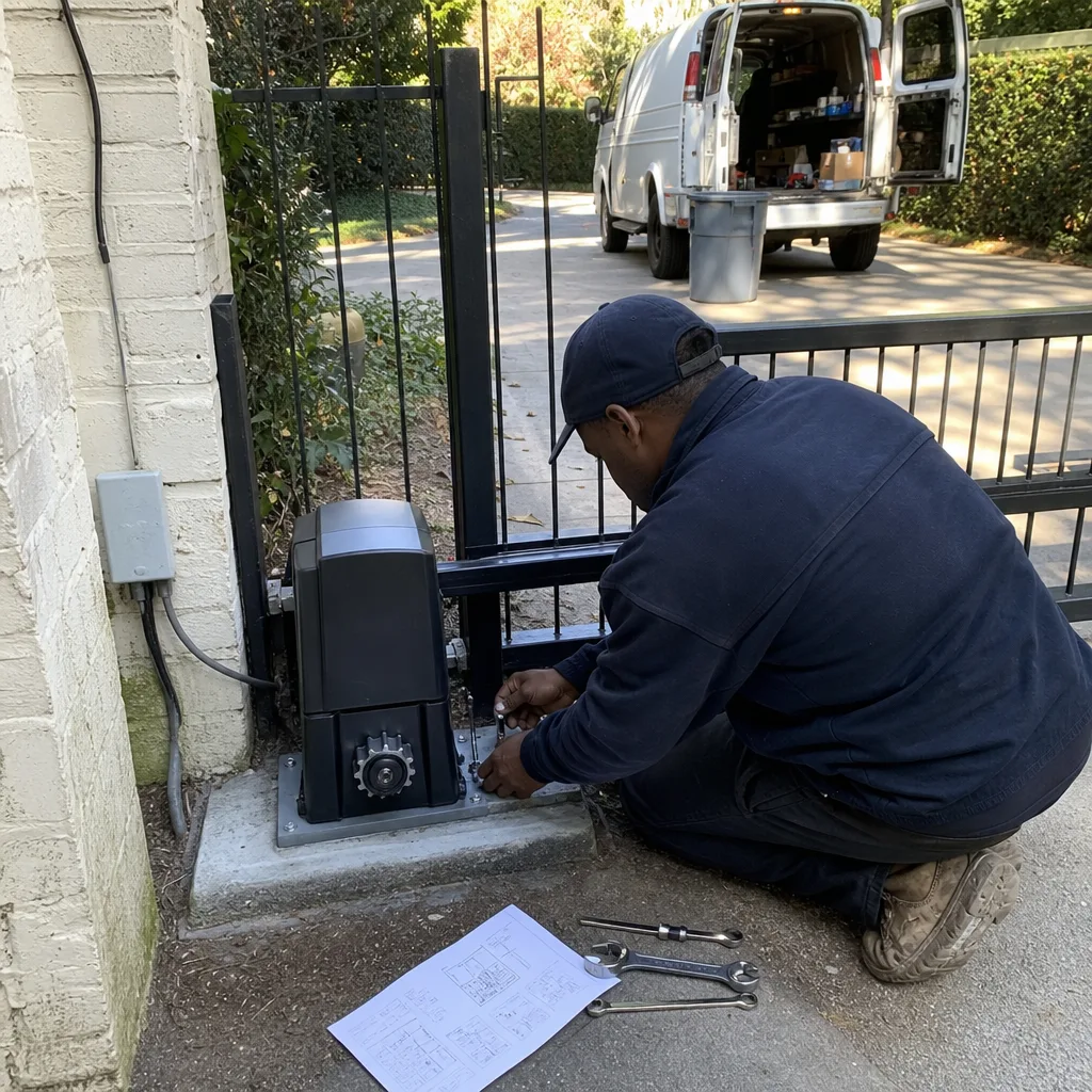 Technician installing an automatic gate motor and opener