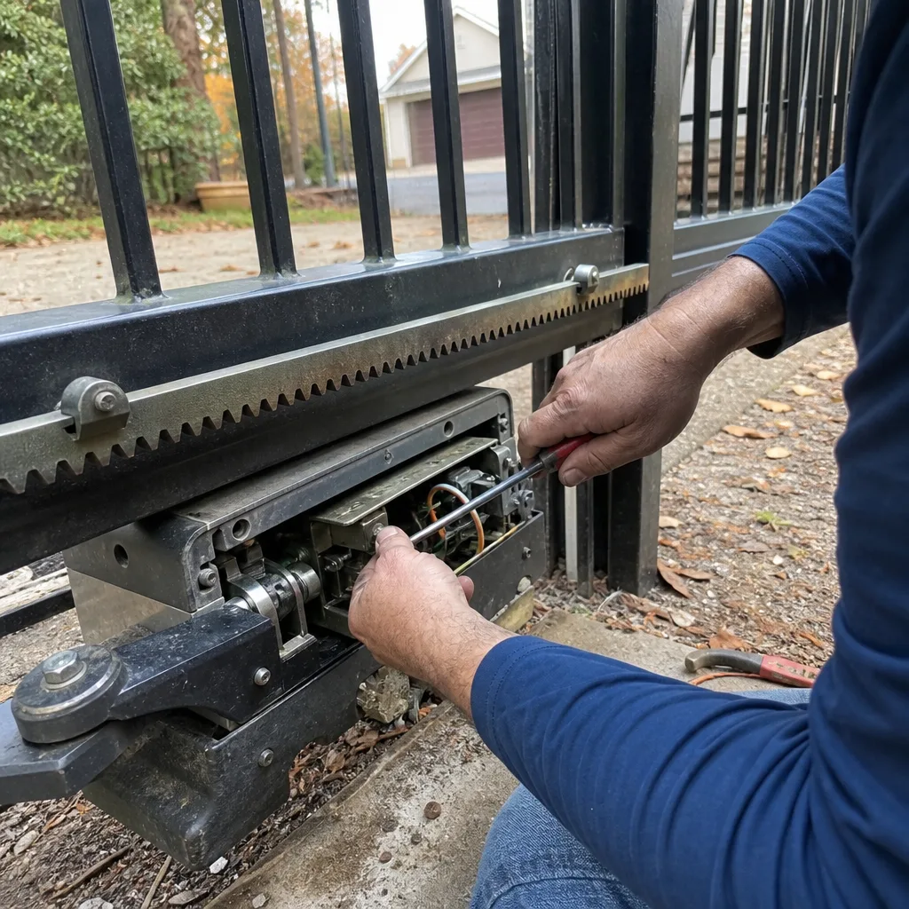 Technician performing maintenance on an automatic sliding gate motor mechanism