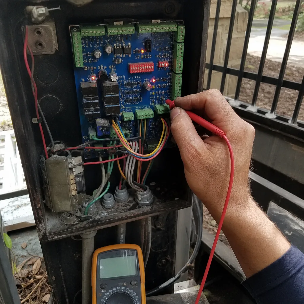 Technician repairing residential automatic gate control board with a multimeter