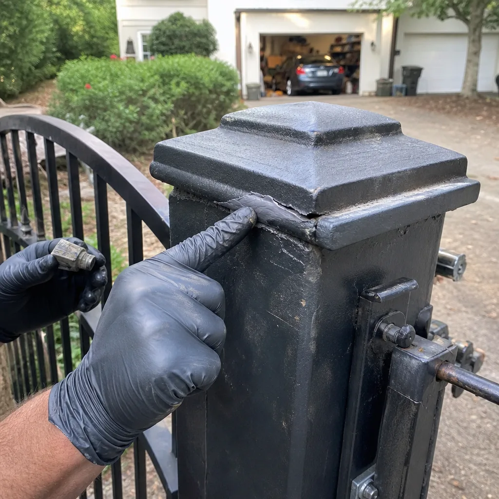 Professional gate repair technician applying sealant to a metal fence post.