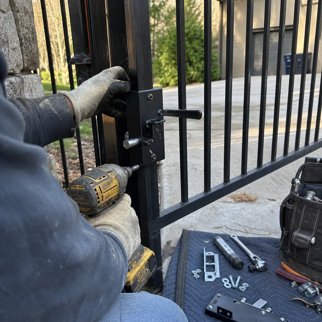 Technician using a power drill to repair a metal gate lock.